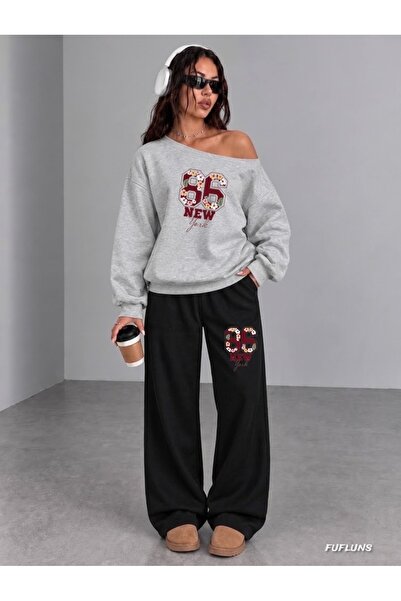 FUFLUNS 86 New York Printed Women's Boat Neck Sweatshirt/Top Sweat Suit