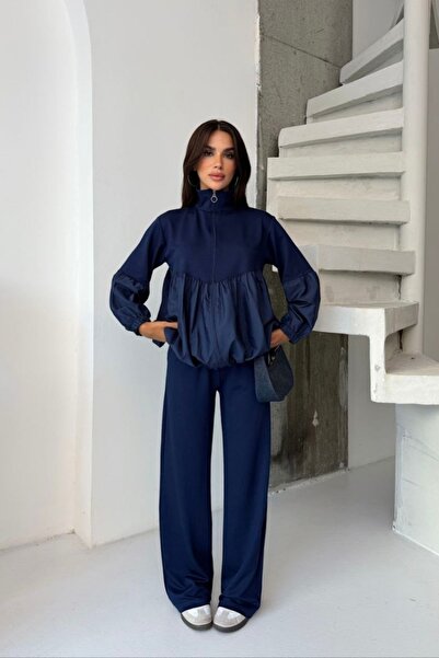 moda poni Women's Navy Blue High-Neck Zippered Drawstring Oversize Tracksuit Set