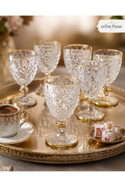 zaTen Pazar Set of 6 Gold Gilded Footed Coffee and Water Glasses 80 ml Crystal Cut Gold Liquor and Sherbet Glasses