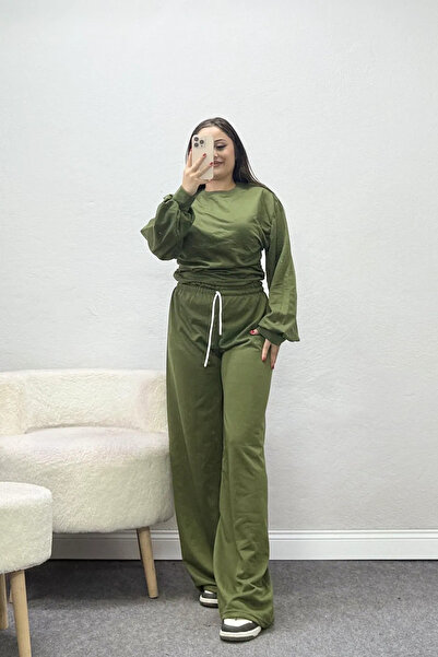 BELENDİR Women's 2 Thread Balloon Sleeve Drawstring Tracksuit Set Khaki