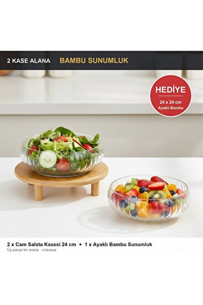 viracasa 2'li Cam Salata Kasesi 24 cm + HEDİYE Ayaklı Bambu Sunumluk Servis Seti