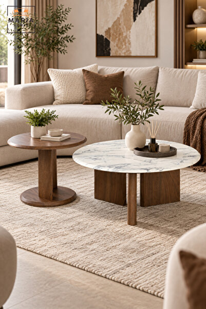 MARIA HOMES Modern 2 Piece Coffee Table Set with Round Marble-Effect Top and ...