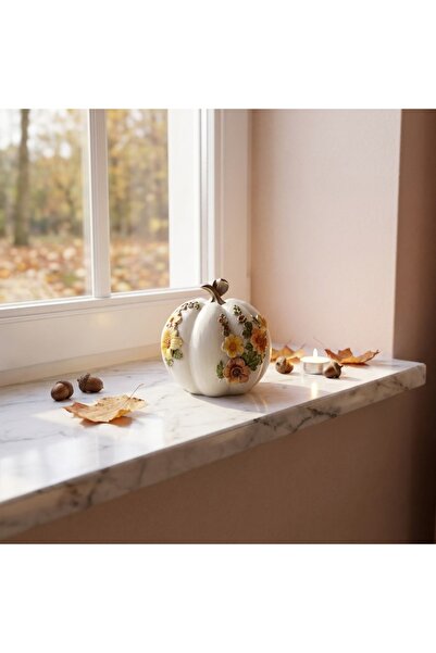 Ornament24 Dovleac decorativ alb cu flori in relief portocalii si galbene, de...