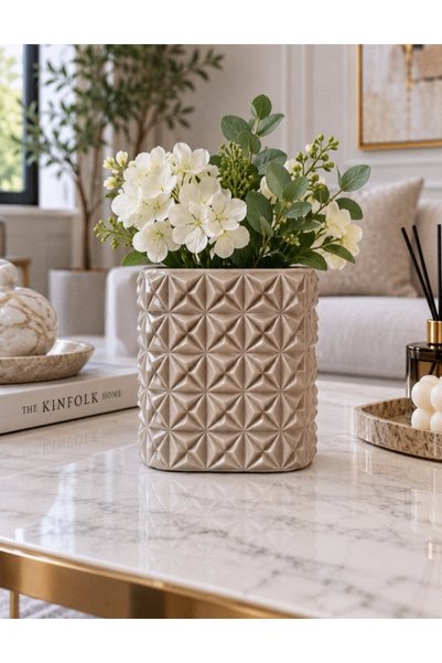 Genel Markalar Geometrik Desenli Krem Seramik Saksı Vazo – Dekoratif Çiçeklik