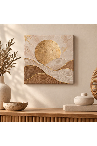 AlohamoraShop 20x20 cm Golden Sun Kanvas Tablo – Altın Güneş ve Dalga Desenli...