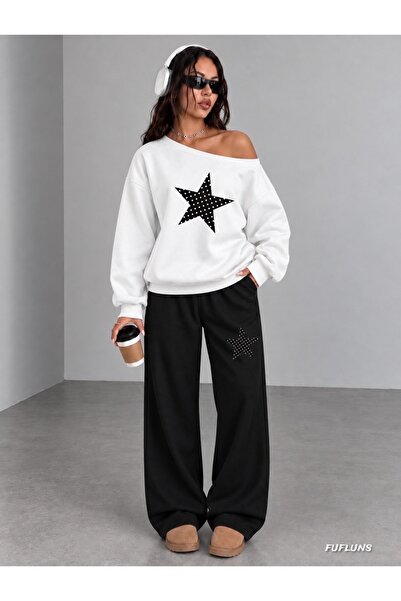 FUFLUNS Polka Dot Star Printed Women's Boat Neck Sweatshirt/Top Sweatpants Set