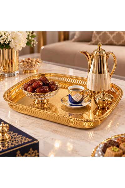 Dania صينية تقديم ذهبية فاخرة مزخرفة – تصميم مستطيل كلاسيكي بحواف مفرغة – مقا...