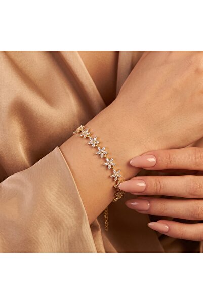 CM Jewelry Vıp Seri 316L Çelik Gold Renk Zirkon Taşlı Sıralı Çiçek Motifli Bi...