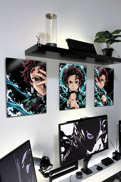 DekorHane Metal Duvar Sanatı - Tanjiro Kamado Demon Slayer Anime Üçlü Tablo G...