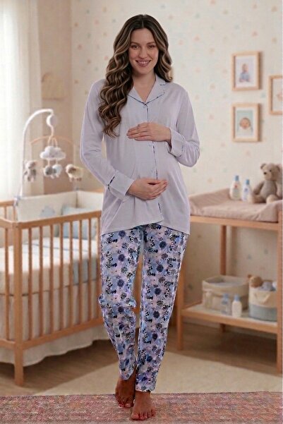 by İGP Cotton Shirt Collar Front Buttoned Maternity Pajama Set Effortt