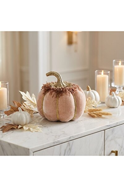 Ornament24 Dovleac decorativ din catifea roz cu sclipici auriu, decoratiune d...