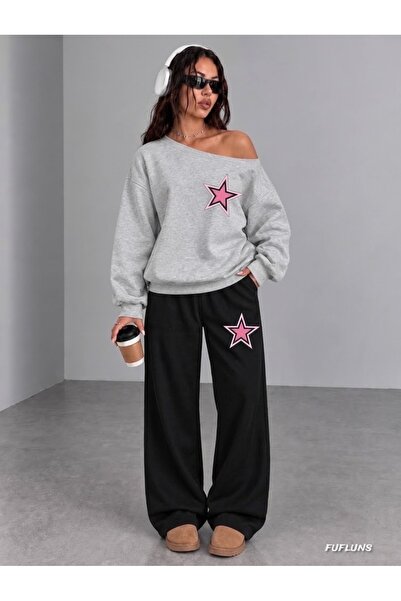 FUFLUNS Pink Star Printed Women's Boat Neck Sweatshirt/Top Track Suit Set