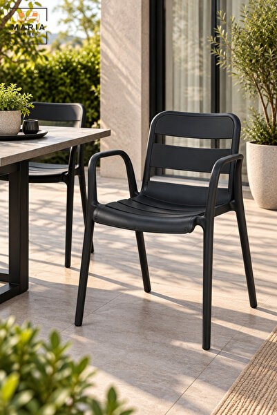 MARIA HOMES Modern Black Garden Chair with Armrests, Slatted Open Backrest an...