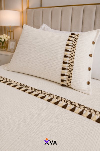 XVA Double Tasseled 100% Cotton Knitted Pique Set |   Bedspread |   2 Pieces with Tassel Pillowcases |   Tassel Design |   220X230 cm