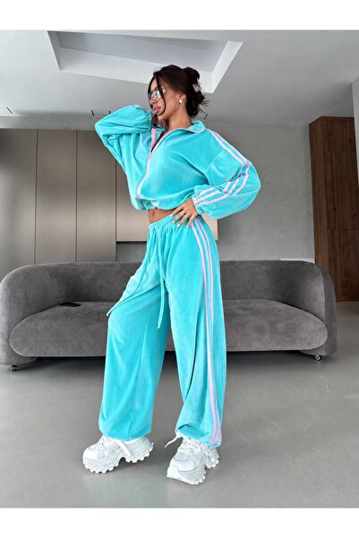 LOKADI Women's Velvet Tracksuit Set Zippered Crop Striped Wide Leg Two-Piece Set
