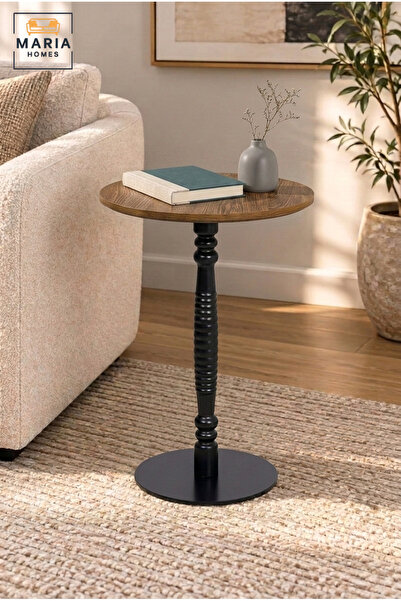 MARIA HOMES Modern Round Side Table with Natural Wood Top, Decorative Black P...