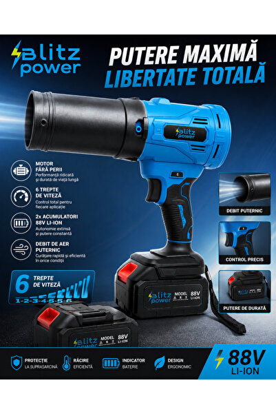 BlitzPower Suflantă de aer fără fir, cu 2 baterii Li-Ion de 88 V și reglare c...