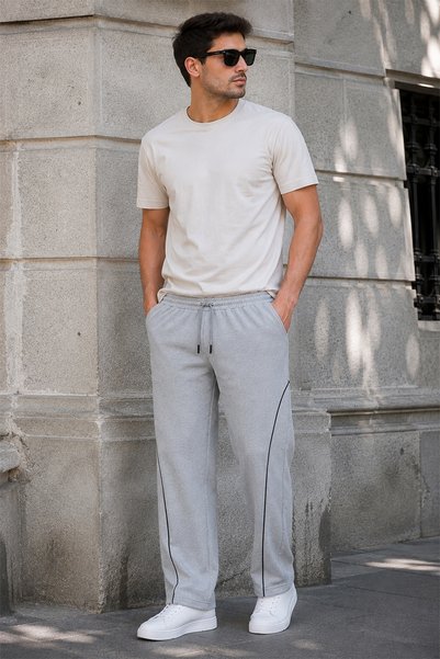 Zenvia Men's Gray Ribbed Baggy Sweatpants Comfortable Fit Wide Leg 2 Straps