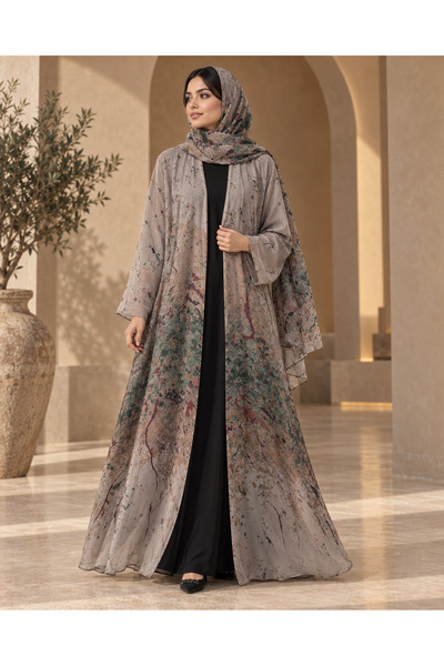 KAVALEE Luxury Abstract Splatter Print Open Abaya with Matching Hijab/Shawl – Taupe, Sage & Rose