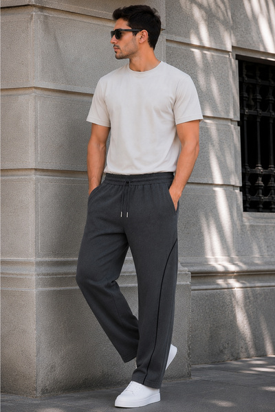 Zenvia Men's Smoked Ribbed Baggy Sweatpants, Comfortable Fit, Wide Legs, 2 St...