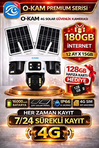 O-KAM OK335 Premium Serisi 12MP 4 Kameralı 4G Çift Solar Panel Gece Görüş 180...