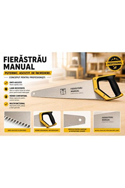OMDERMO Fierăstrău manual pentru lemn, lamă din oțel, dinți ascuțiți, mâner ergonomic anti-alunecare, profesional