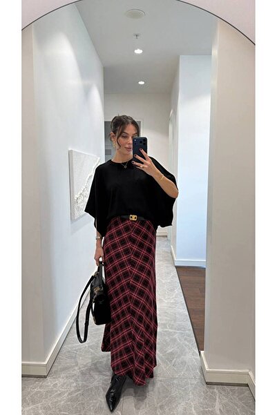 fera butik Kadın Bordo Ekose Desenli Maxi Etek
