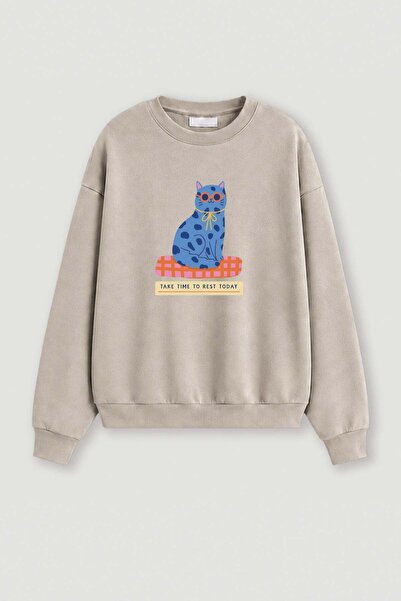 Monila Kadın Premium Kumaş 3 İplik Şardonlu Kedi Baskılı Sweatshirt