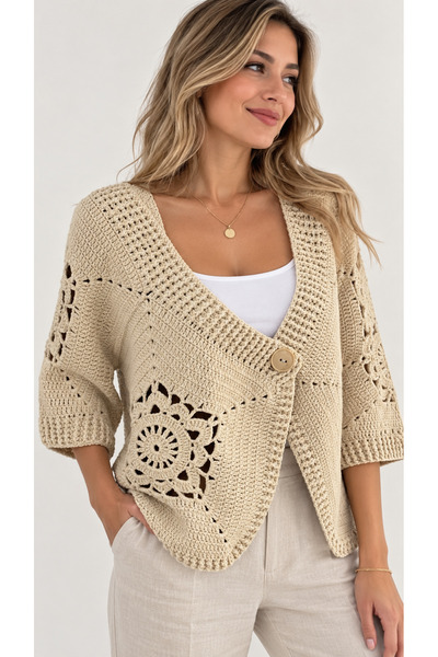 edirneörgü El Örgüsü Motifli Kadın Hırka – Alize Cotton Gold – 42/44 Beden