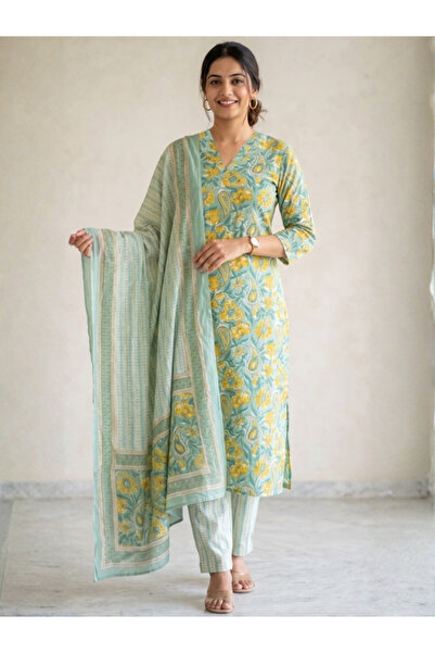 MYSMAR Mint Green & Yellow Floral Printed Viscose Three-Piece Suit Set - ALV2...