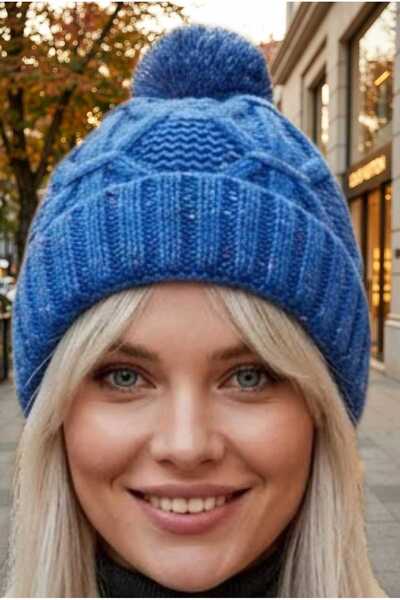 Mood Agenda Women's Pompom Hair Braided Metallic Thread Knitwear Winter Beanie