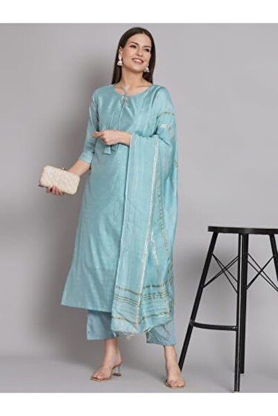 MYSMAR Light Blue Silk Blend Straight Kurta Set - TRT1211 | Light Blue-Size:X...