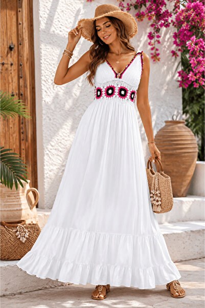 Defne Silver Crochet Embroidered Long Dress