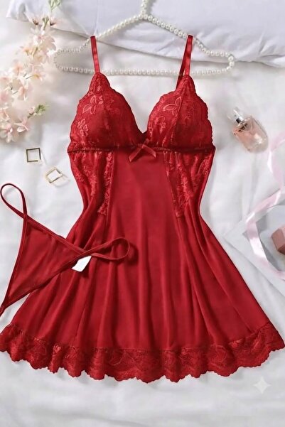 Velvet Kiss KIRMIZI ROMANTİK DANTEL TANGA TAKIM GECELİK