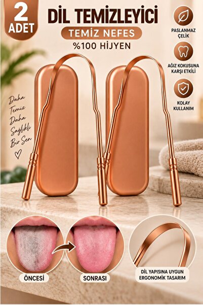 Kitchen Beauty 2 Adet Gold Dil Temizleme Aparatı Dil Sıyırıcı Paslanmaz Çelik Ağız Bakım Plak Fırçası Steril Taşıma Kutulu
