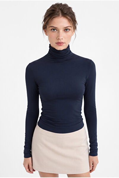 OLYNN Kadın Lacivert Balıkçı Yaka Uzun Kollu Premium Soft Modal Pamuk Bluz