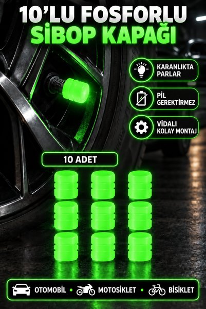 Hane Dostu 10 Adet Yeşil Fosforlu Sibop Kapağı – Karanlıkta Parlayan Araç Mot...