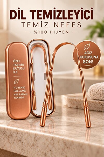 Kitchen Beauty 2 Adet Gold Dil Temizleme Aparatı Dil Sıyırıcı Paslanmaz Çelik Ağız Bakım Plak Fırçası Steril Taşıma Kutulu
