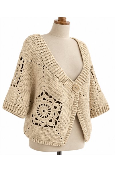 edirneörgü Hand Knitted Motif Women's Cardigan – Alize Cotton Gold – Size 42/44