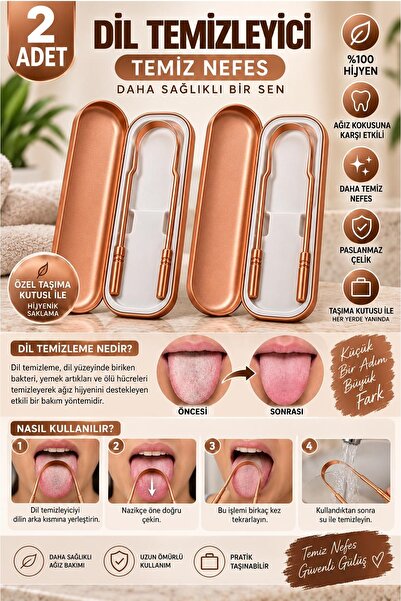 Kitchen Beauty 2 Adet Gold Dil Temizleme Aparatı Dil Sıyırıcı Paslanmaz Çelik Ağız Bakım Plak Fırçası Steril Taşıma Kutulu