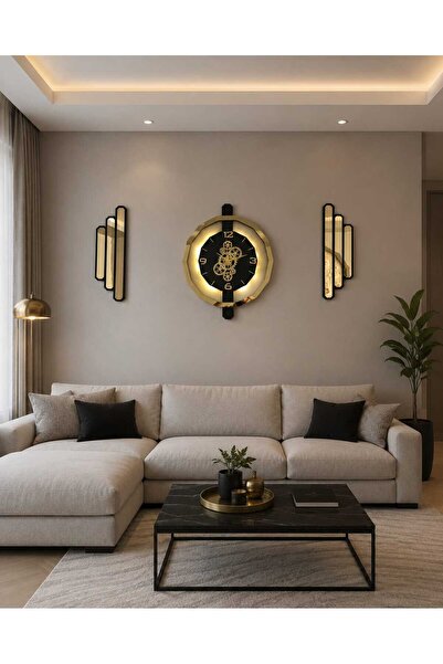 aSSe Tasarım 3lü Set Duvar Saati Hareketli Çarklı ve Ledli Premium Rotating G...