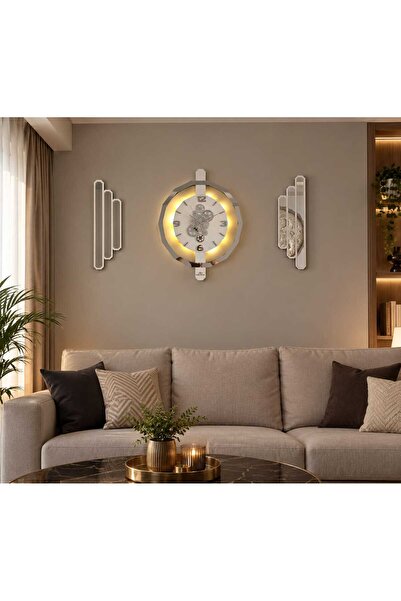 aSSe Tasarım 3lü Set Duvar Saati Hareketli Çarklı ve Ledli Premium Rotating G...