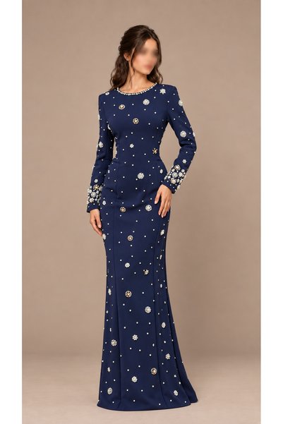 Rose Navy Blue Evening Dress with Pearl and Crystal Embellishments