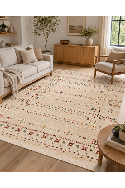 Etnik Home KYBELE XW 06 CREAM Sıcak Renk Tonlu Otantik Makine Dokuması Krem S...