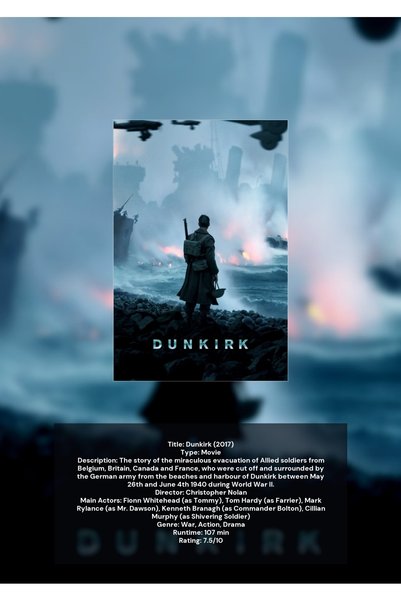 OEM Poster Infografic Dunkirk, Poster Film de Razboi, Design Minimalist, Cart...