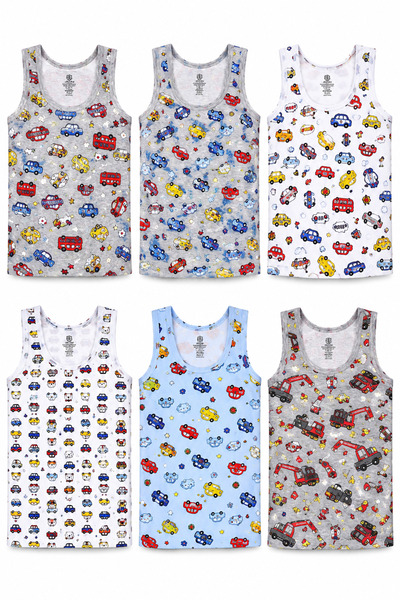 westicgiyim 6-Piece Boys' Printed Lycra Wide Strap Undershirts 95% Cotton 5% ...