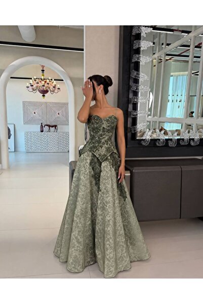 Calissa Store فستان سهرة نسائي أخضر سيج بقصة كورسيه وتطريز فاخر تنورة منفوشة