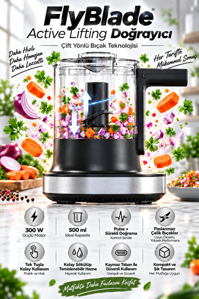 Dexart FlyBlade Active Lifting Doğrayıcı 300 W – 500 ml Hazne, Çift Yönlü Pas...