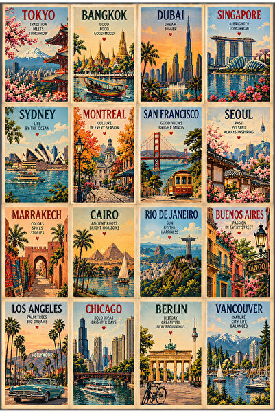 Genel Markalar Vintage Retro Nostaljik Şehir Kartpostal Seti – 16 Parça - Kar...