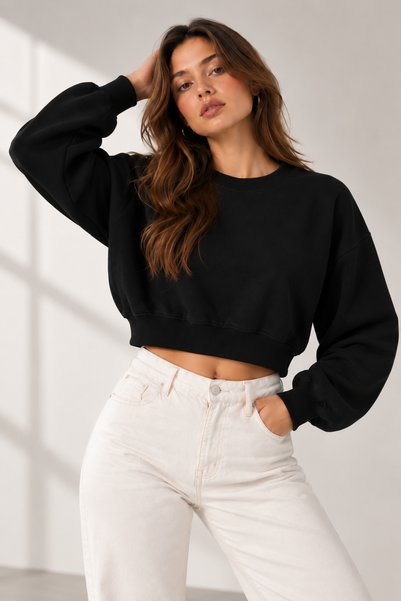 Kadın Crop Sweatshirt Bisiklet Yaka Uzun Kollu Basic Günlük Sweat